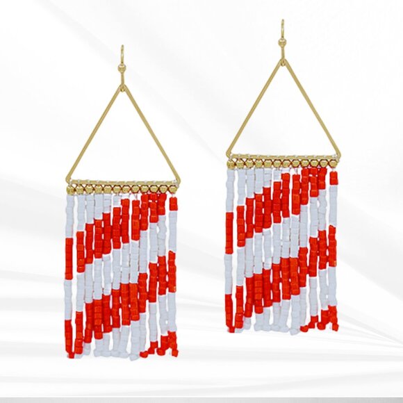 Red White Striped Seed Beaded Gold Dipped Boho Style Hook Earrings - Picture 3 of 3